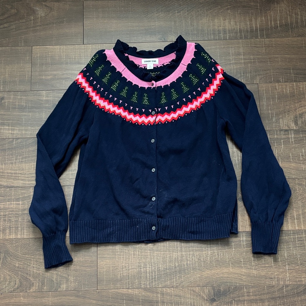 Lands' End Fair Isle Navy and Pink Sweater Cardigan, Large